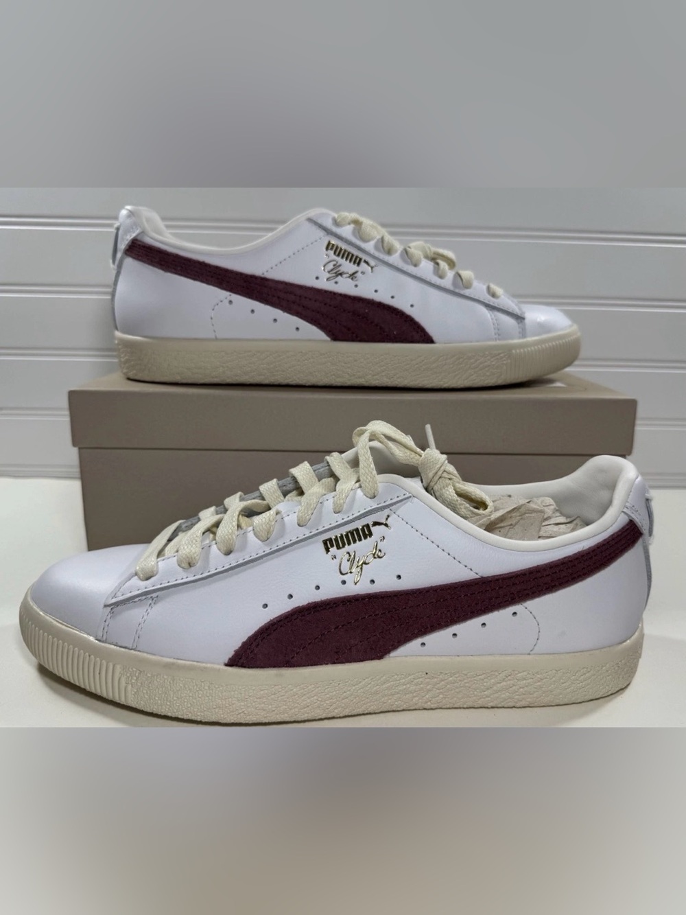 Puma Men's Clyde Base OG Shoes White Wood Violet 390091-03 Men’s 8.5